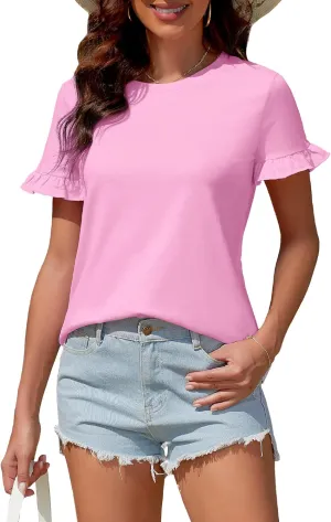 Women's Summer T-Shirts Cute Short Sleeve Tops Ruffle Basic Tees Shirts Casual Blouses
