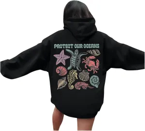 Womens Sweatshirt Graphic Oversized Hoodies Ocean Print Comort Long Sleeve Drawstring Pullover Surfing Hoodie