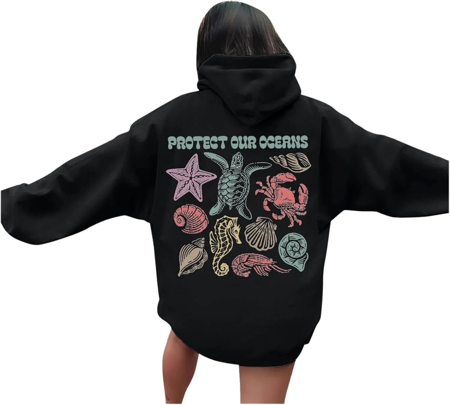Womens Sweatshirt Graphic Oversized Hoodies Ocean Print Comort Long Sleeve Drawstring Pullover Surfing Hoodie