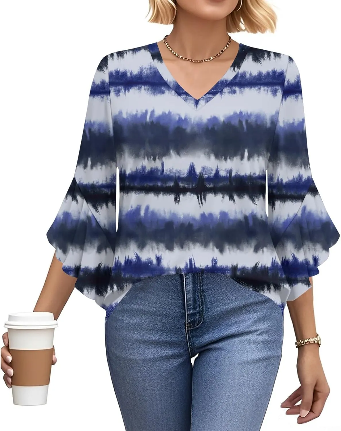 Womens Tops 3/4 Sleeve Shirts V Neck Loose Casual T-Shirts Blouse Summer Tees