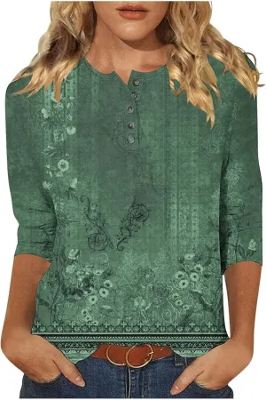 Womens Tops Casual 3/4 Sleeve Shirts Button Down V Neck Tunic Tshirts Summer Vintage Floral Print Henley Blouses Tee