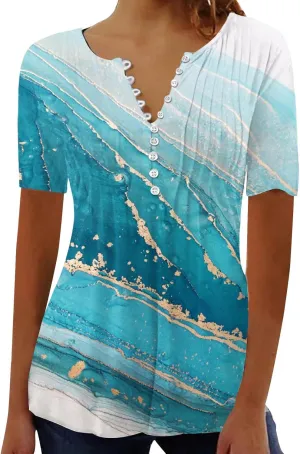 Womens Tops Dressy Casual 2023 Fashion Floral Print Tunic Plus Size Short Sleeve v Neck Henley Shirts