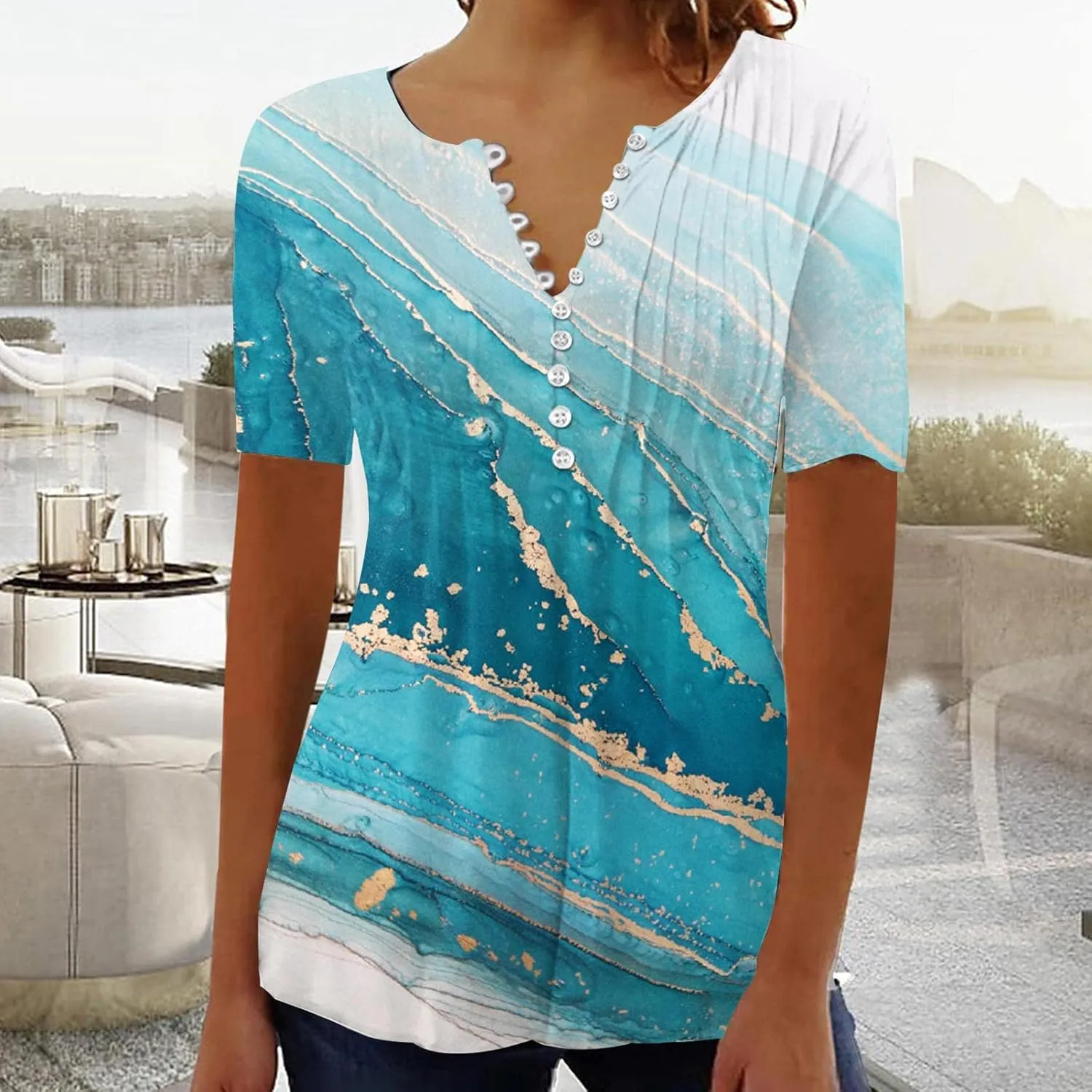 Womens Tops Dressy Casual 2023 Fashion Floral Print Tunic Plus Size Short Sleeve v Neck Henley Shirts