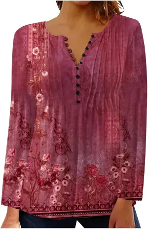 Womens Tops Dressy Casual 3/4 Sleeve Bohemian Summer Shirts Floral Print Empire Waist Long Sleeve Button Down Blouse