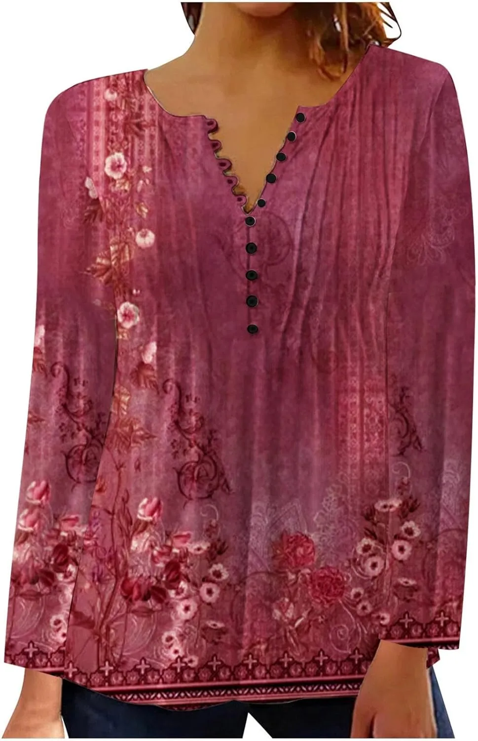 Womens Tops Dressy Casual 3/4 Sleeve Bohemian Summer Shirts Floral Print Empire Waist Long Sleeve Button Down Blouse