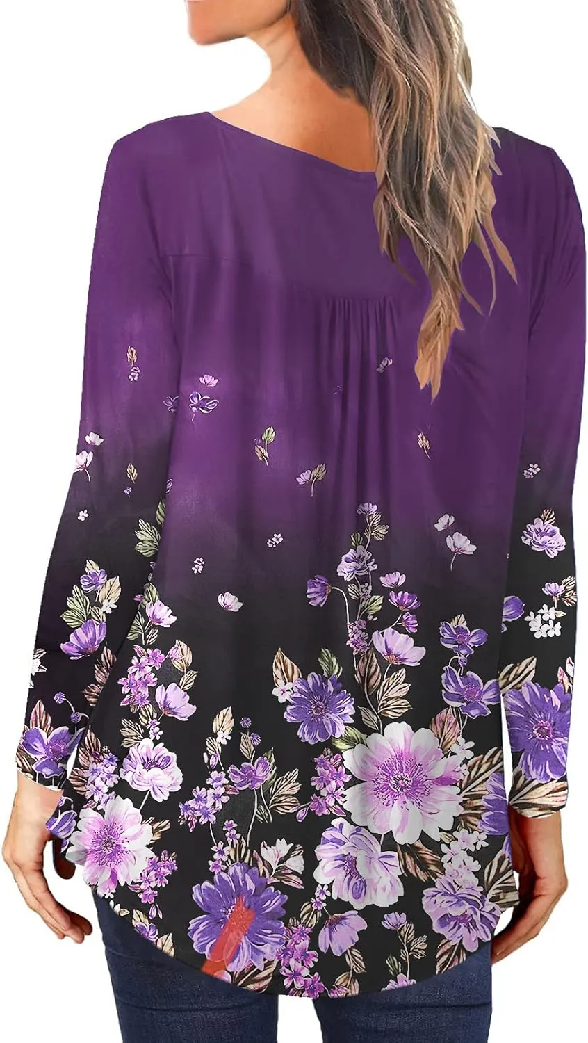 Womens-Tops-Long-Sleeve Henley Shirts V Neck Blouses Buttons Up Tunics Flowy Pleated Blouses