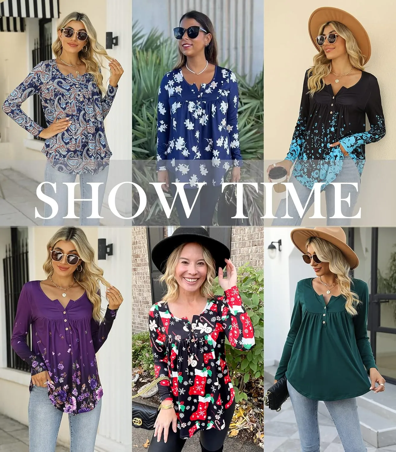 Womens-Tops-Long-Sleeve Henley Shirts V Neck Blouses Buttons Up Tunics Flowy Pleated Blouses