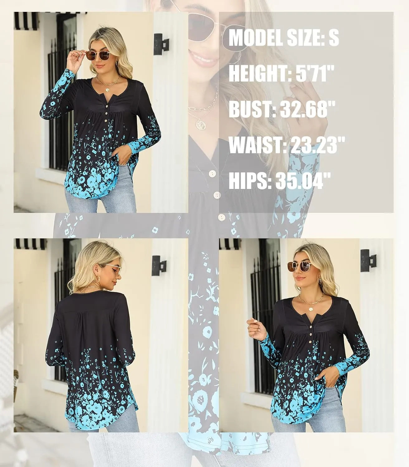 Womens-Tops-Long-Sleeve Henley Shirts V Neck Blouses Buttons Up Tunics Flowy Pleated Blouses