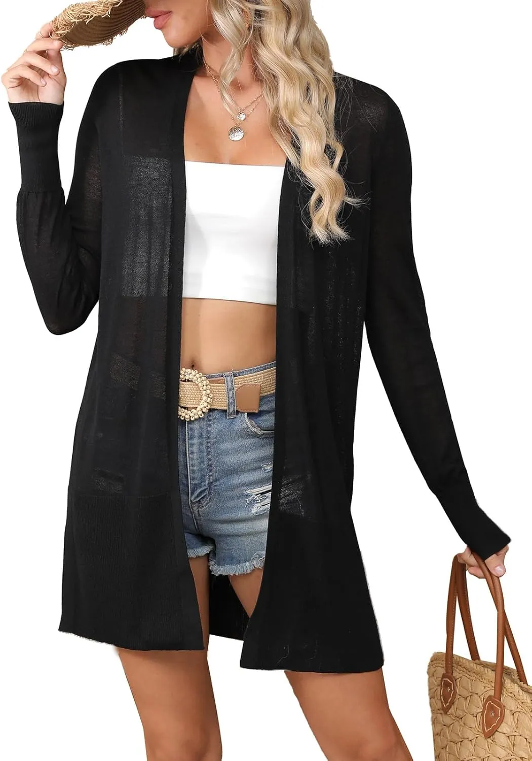 Women's Trendy Lightweight Long Cardigans Summer Casual Beach Vacation Open Front Cardigan 2379