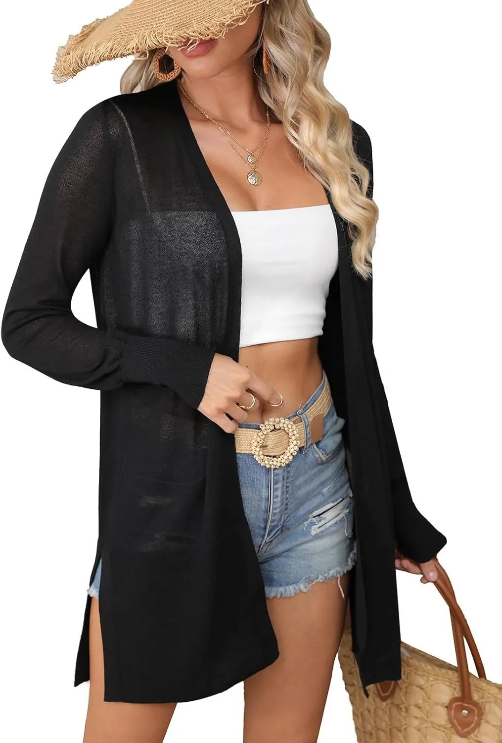 Women's Trendy Lightweight Long Cardigans Summer Casual Beach Vacation Open Front Cardigan 2379