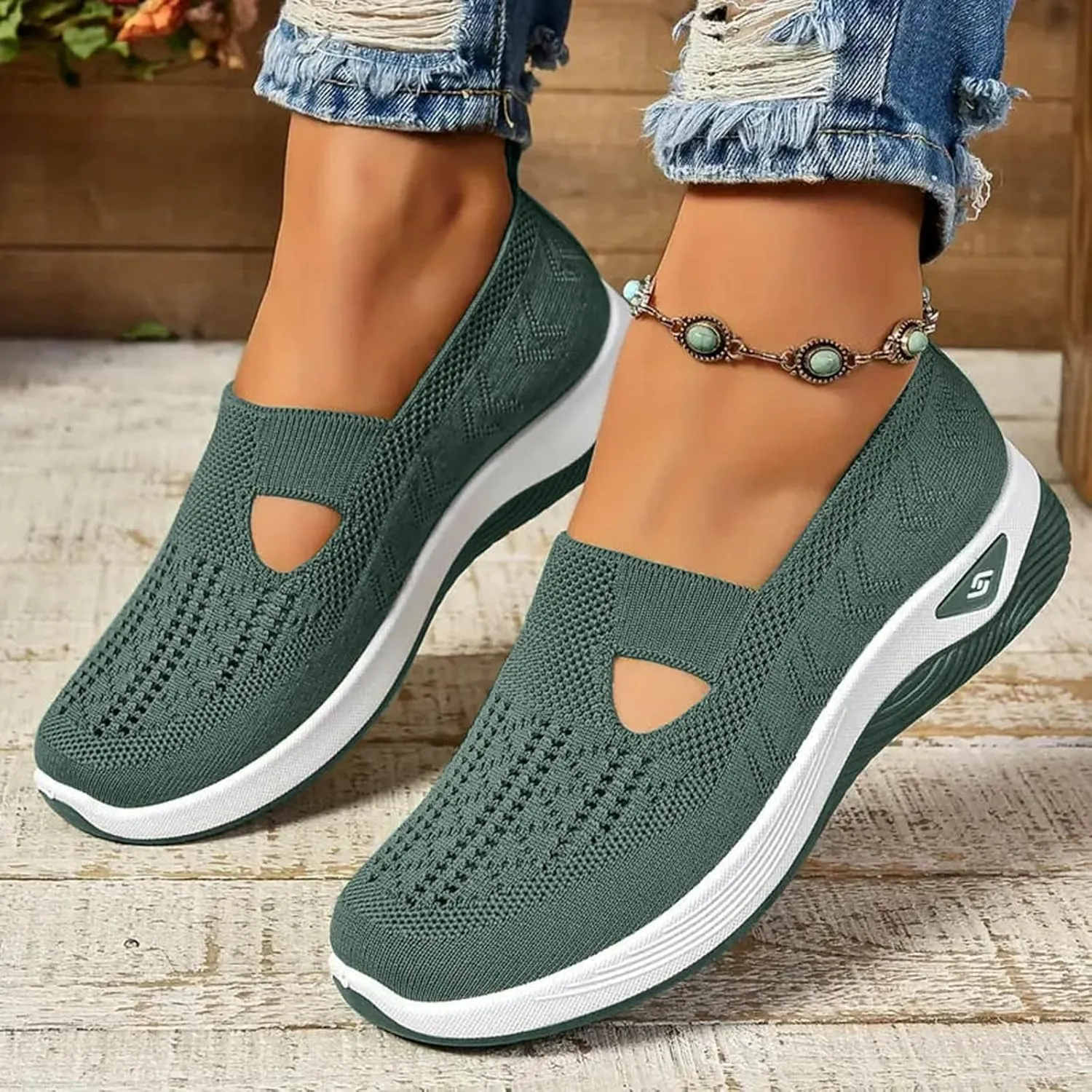 Women's White Boho Flat Sandals for Women, Arch Support, Mesh, Casual, Rhinestone, Size 11
