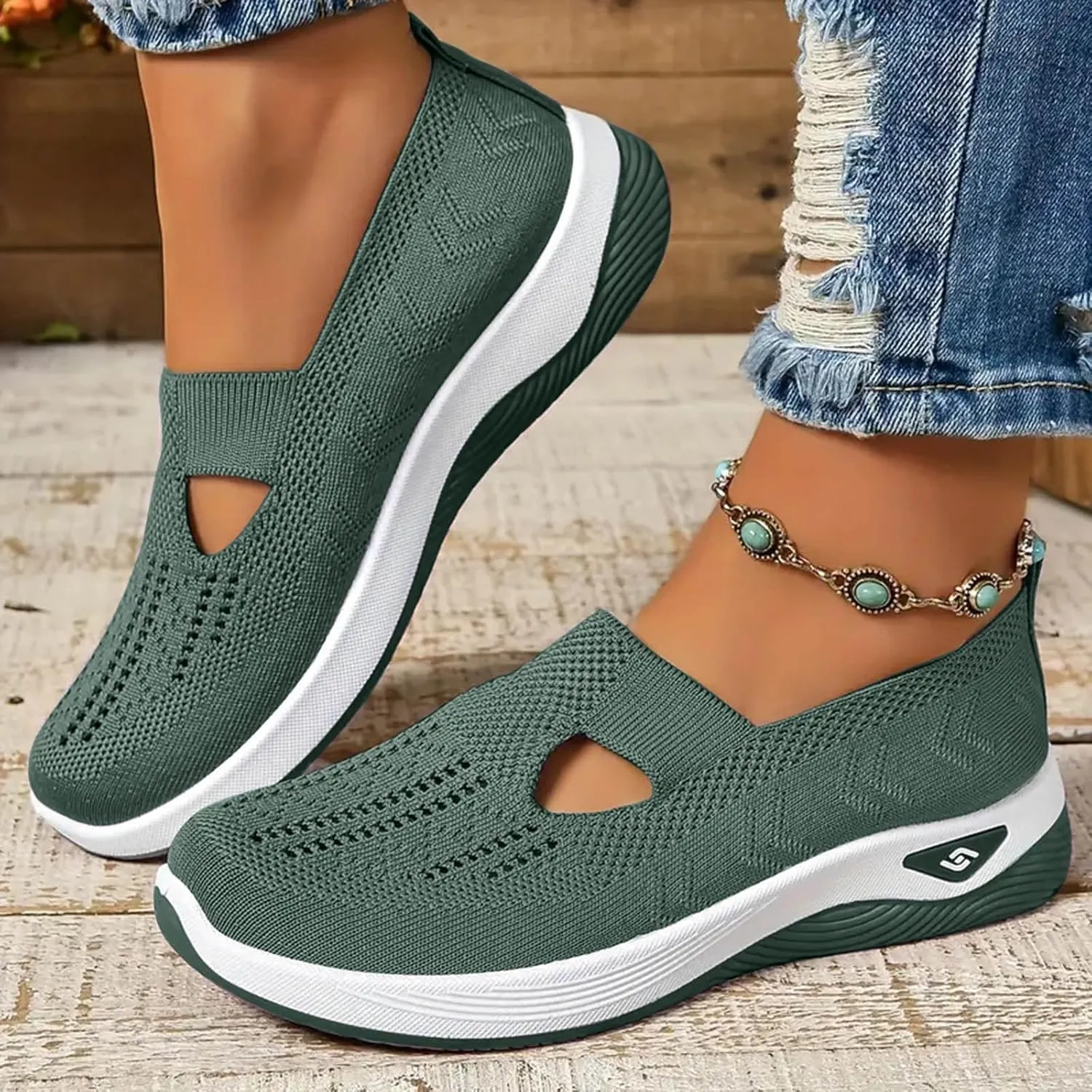 Women's White Boho Flat Sandals for Women, Arch Support, Mesh, Casual, Rhinestone, Size 11