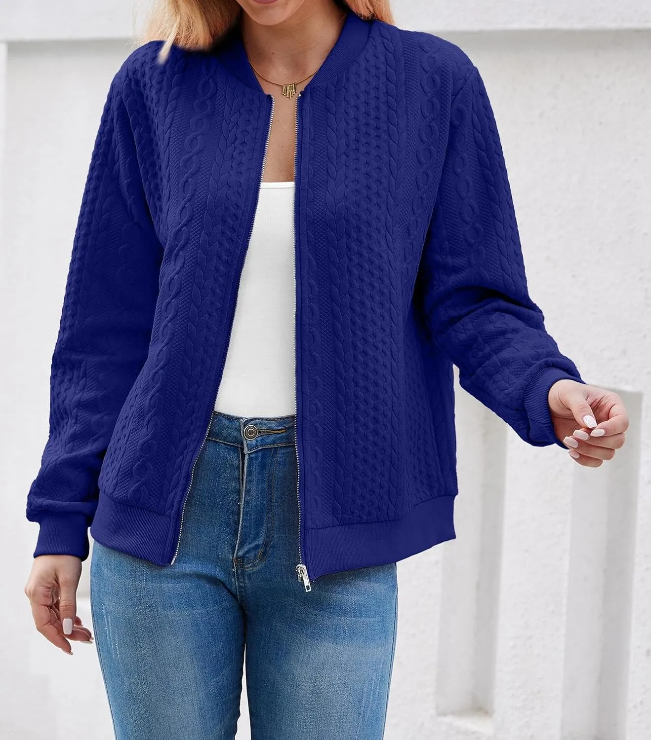 Women's Zip Up Cardigan Sweater Cable Hoodies Long Sleeve Jacket Outfits Crewneck Casual Coat
