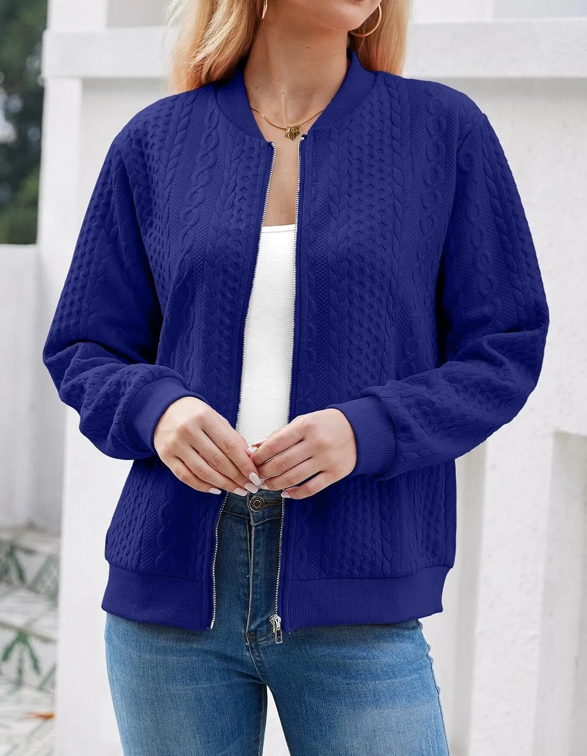 Women's Zip Up Cardigan Sweater Cable Hoodies Long Sleeve Jacket Outfits Crewneck Casual Coat