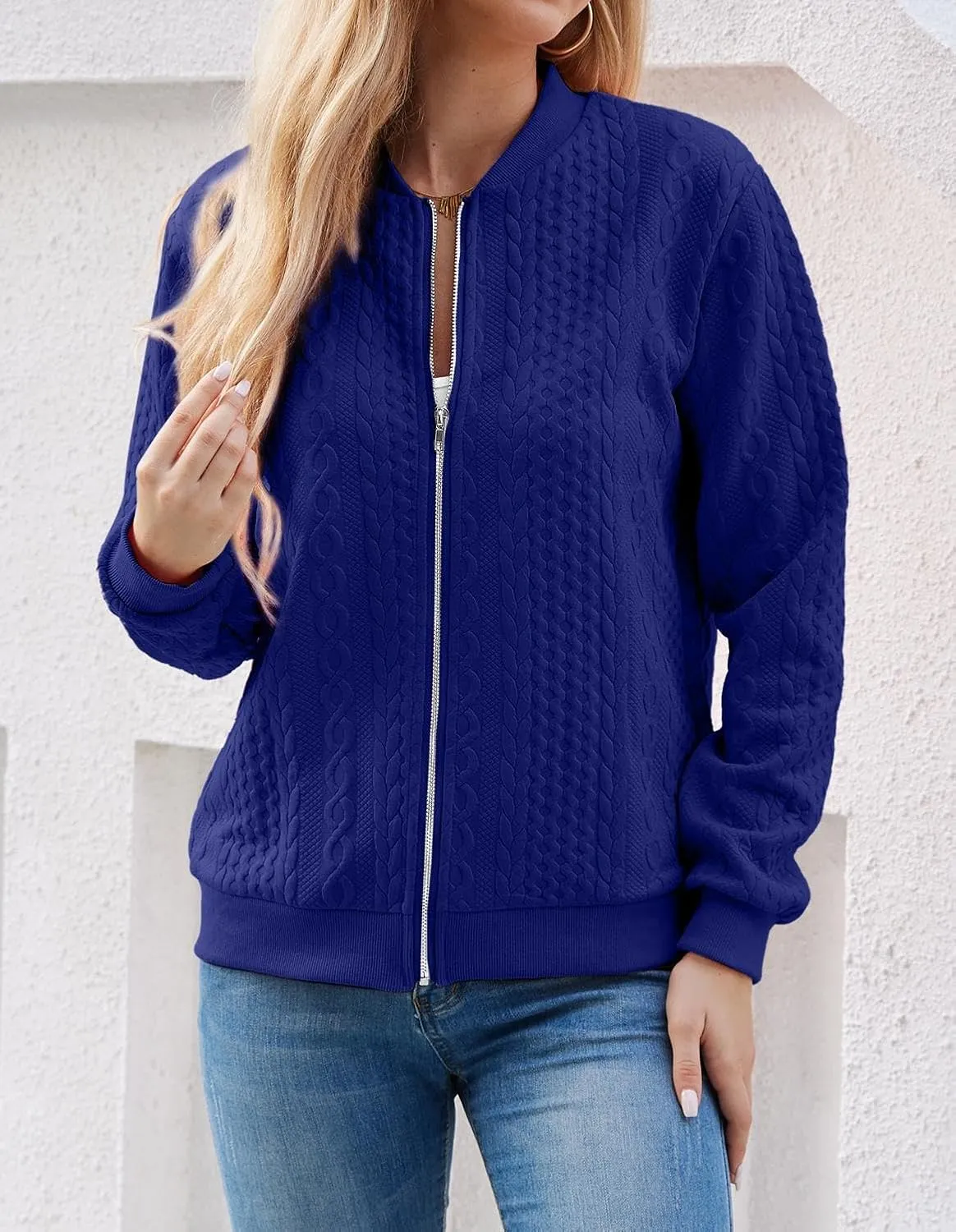 Women's Zip Up Cardigan Sweater Cable Hoodies Long Sleeve Jacket Outfits Crewneck Casual Coat