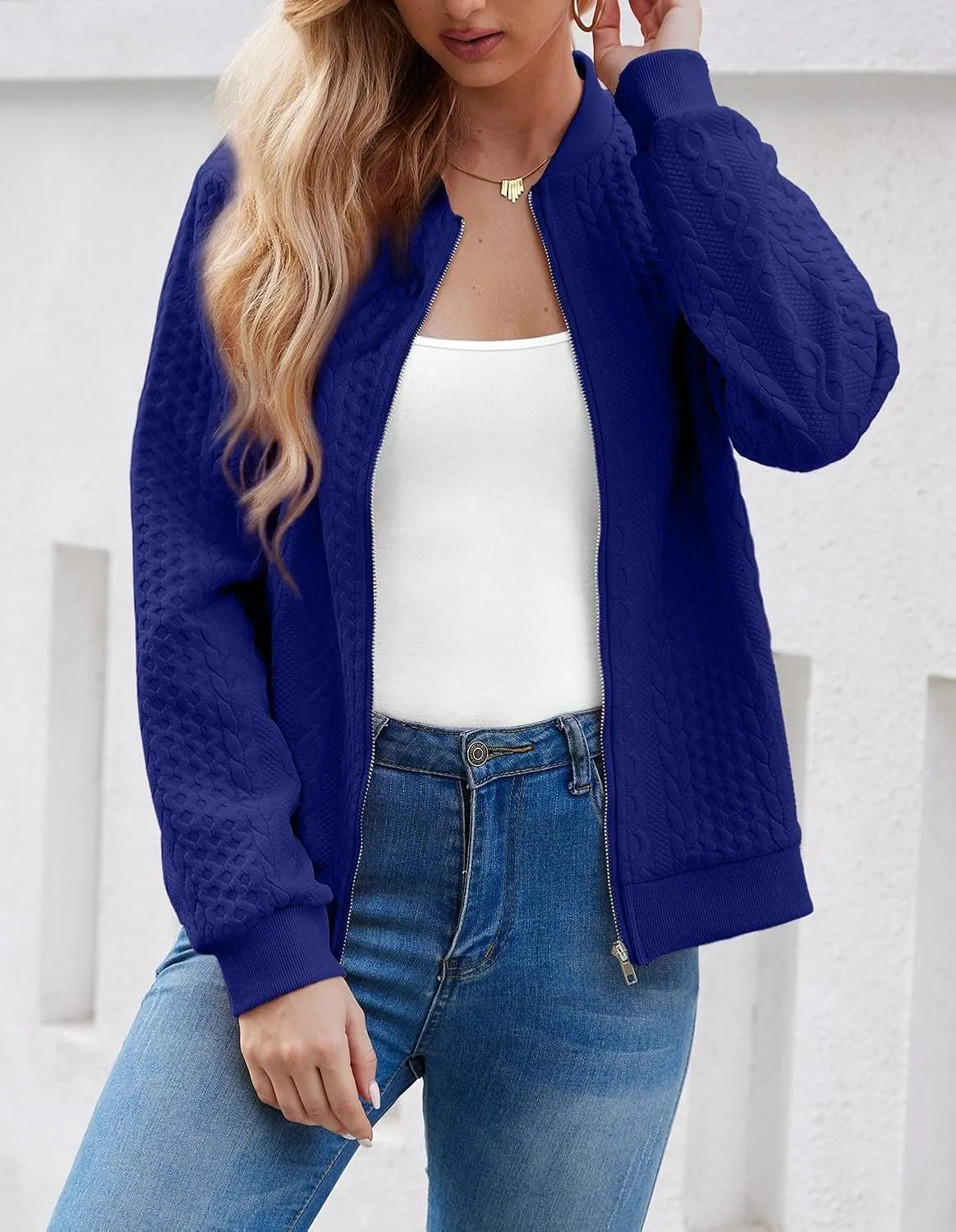 Women's Zip Up Cardigan Sweater Cable Hoodies Long Sleeve Jacket Outfits Crewneck Casual Coat