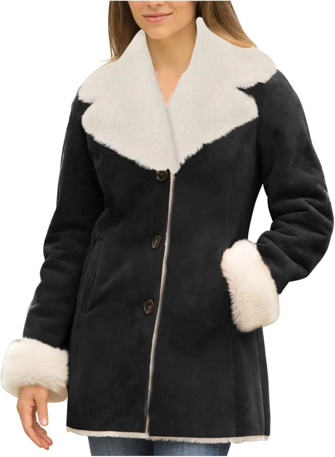 XUNRYAN Winter Faux-Fur Jackets Womens 2024 Casual Sherpa Fleece Coat Long Faux Suede Leather Jackets Cardigan Fuzzy Peacoat