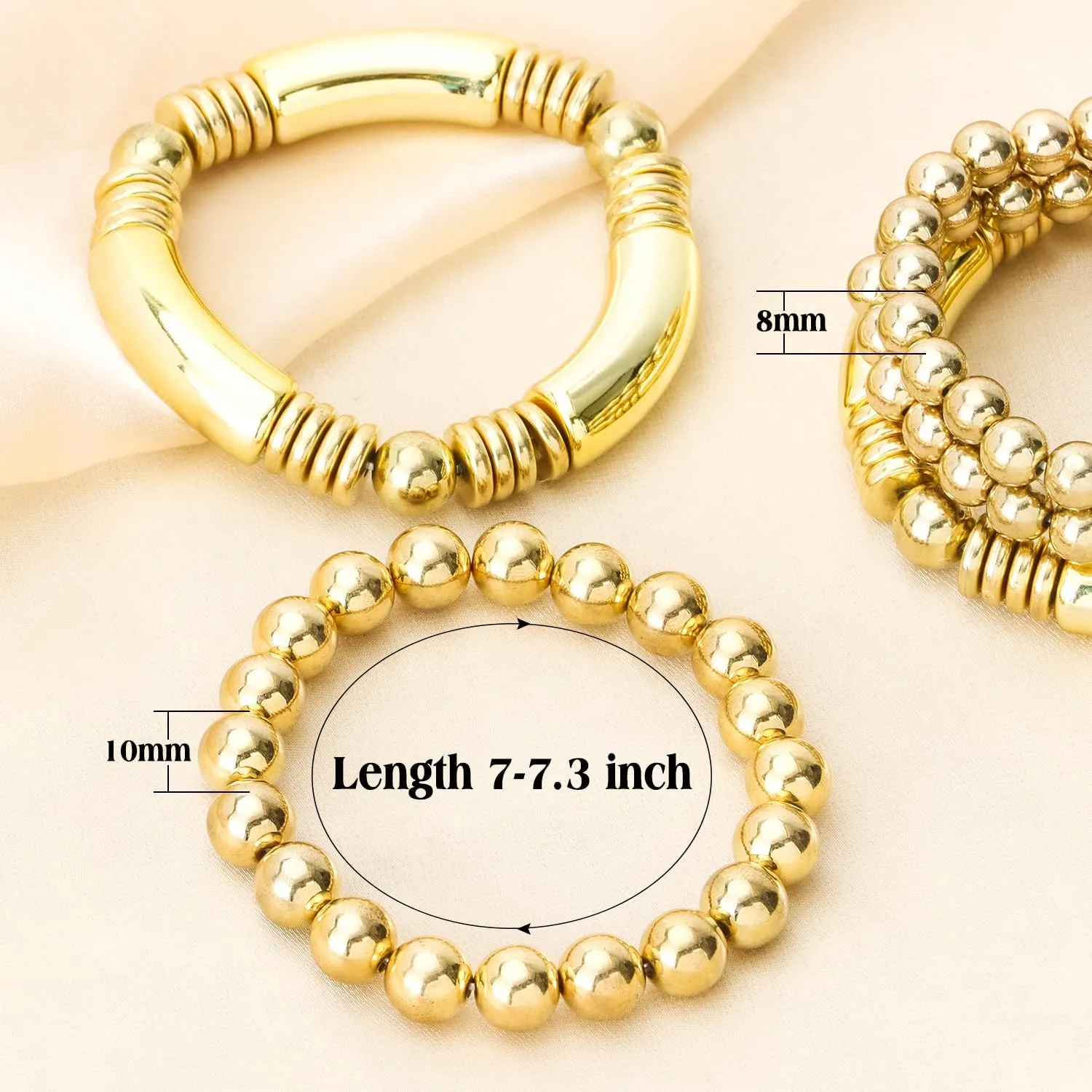yadiana 5 Pcs Gold Bracelets for Women, Gold Plated Elastic Beaded Bracelets Jewelry Fashion Accessories for Trendy Gift
