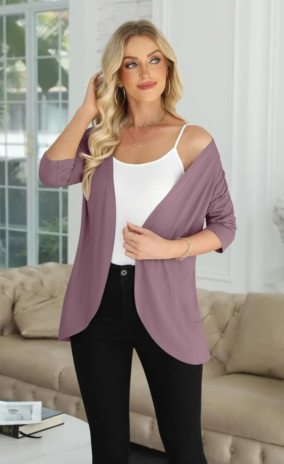 Yincro Women's Casual 3/4 Sleeve Cardigan Lightweight Soft Open Front Cardigans
