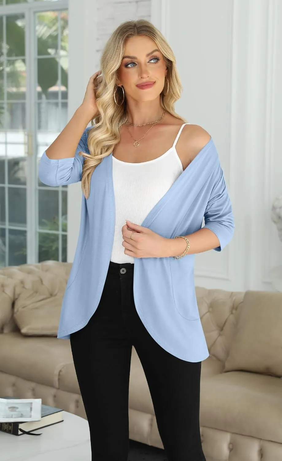 Yincro Women's Casual 3/4 Sleeve Cardigan Lightweight Soft Open Front Cardigans