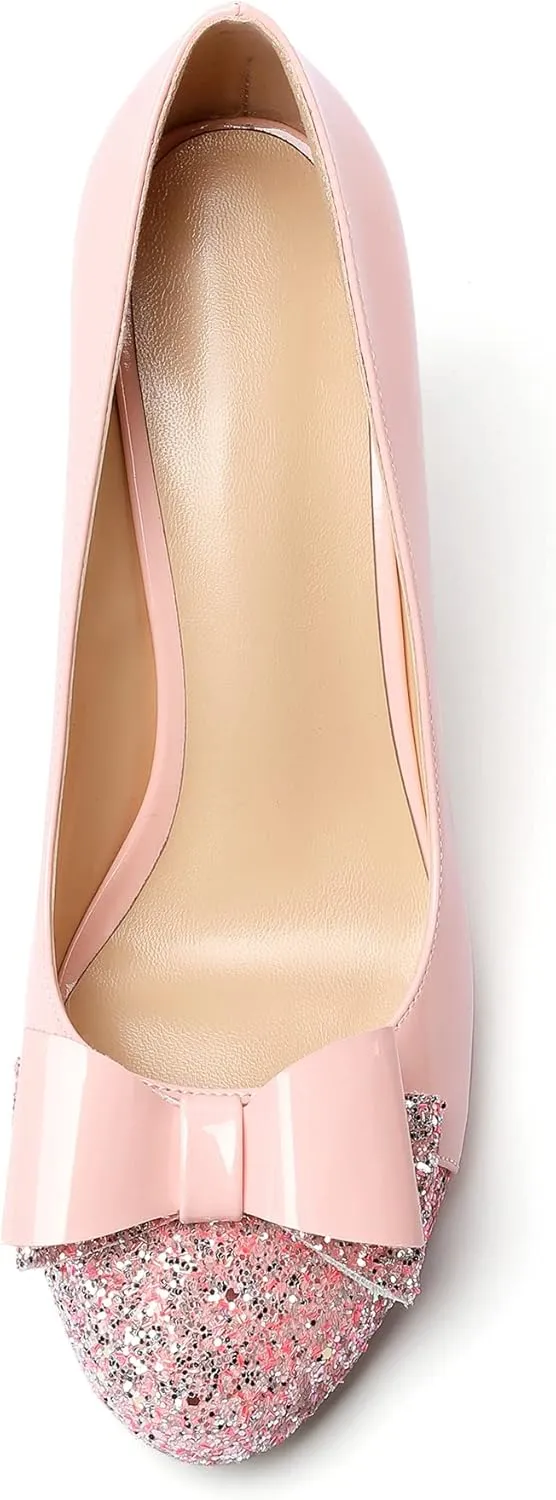 YODEKS Women's Round Toe Pumps, High Heel Slip on, Bow Knotted Heels for Pary Dress Work Office Workplace
