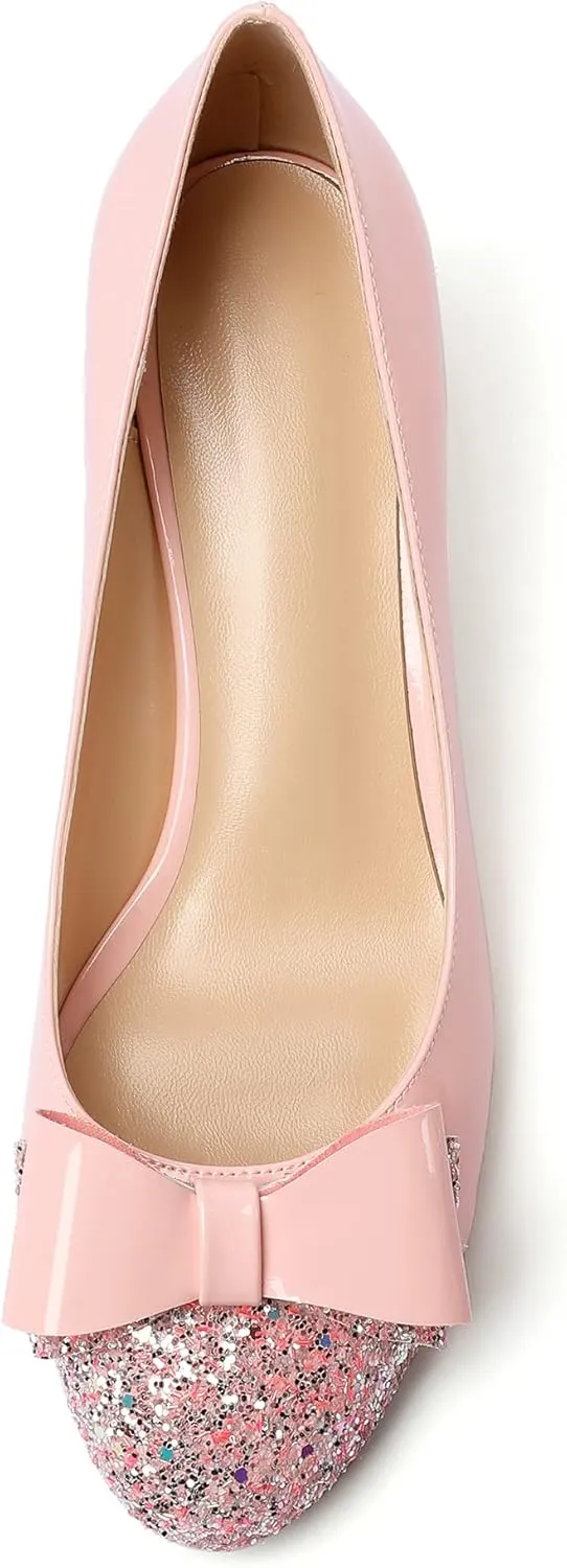 YODEKS Women's Round Toe Pumps, High Heel Slip on, Bow Knotted Heels for Pary Dress Work Office Workplace