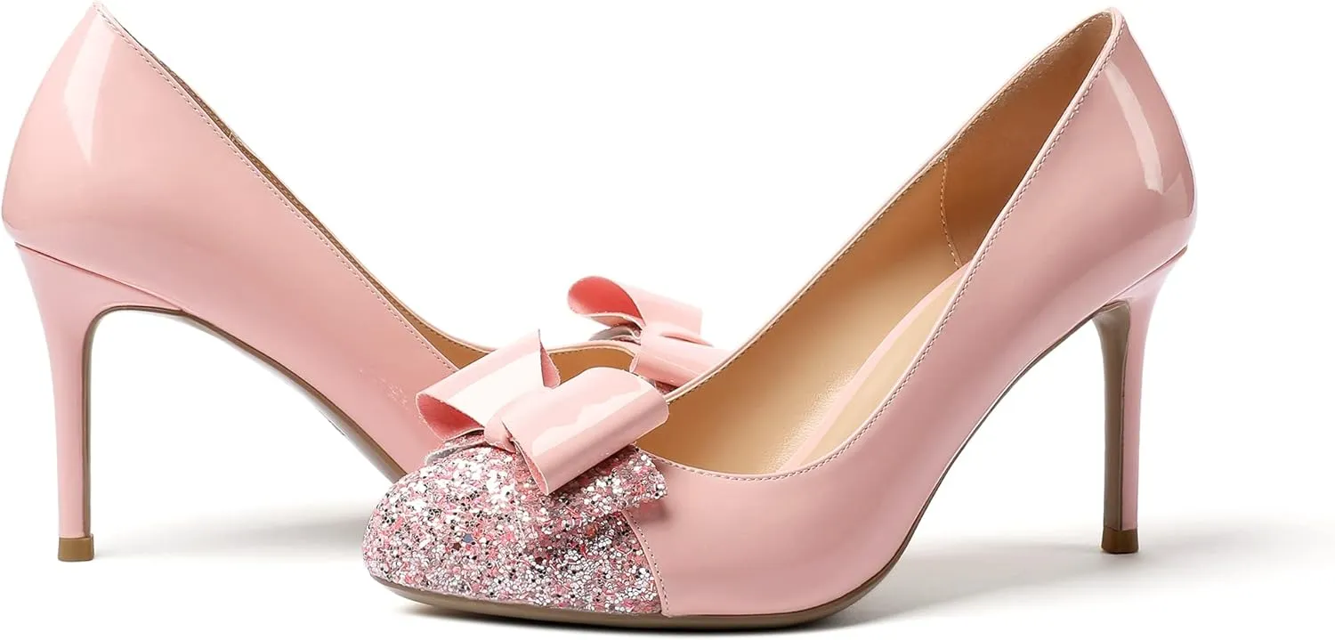 YODEKS Women's Round Toe Pumps, High Heel Slip on, Bow Knotted Heels for Pary Dress Work Office Workplace