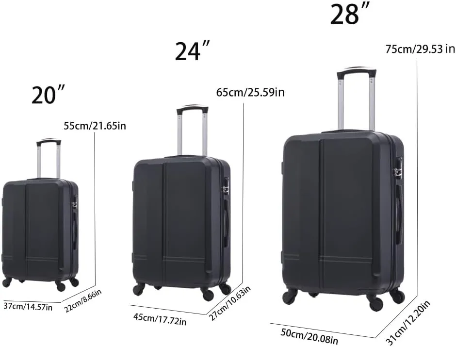 YOUGLE Luggage Set of 3 (20/24/28) Wheeled ABS Durable and Lightweight Spinner Hard Shell Luggage Multi-Purpose Convenient and Easy to Carry (Black   ABS)