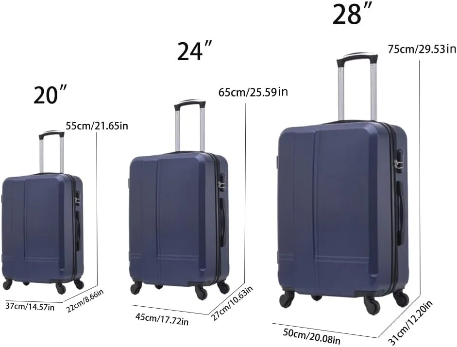 YOUGLE Luggage Set of 3 (20/24/28) Wheeled ABS Durable and Lightweight Spinner Hard Shell Luggage Multi-Purpose Convenient and Easy to Carry (Blue   ABS)