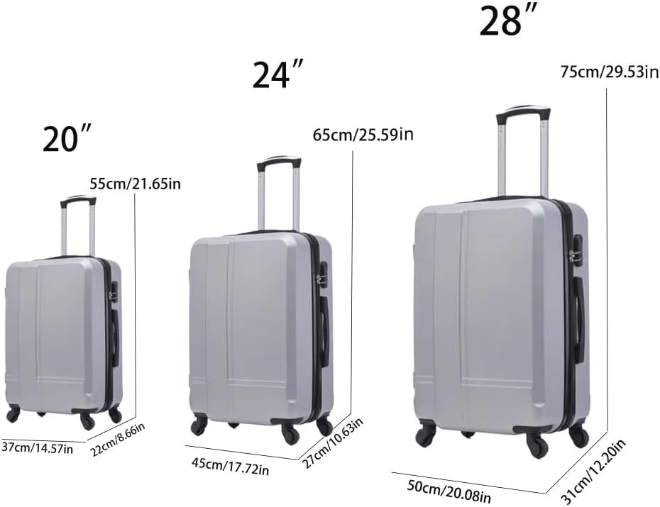 YOUGLE Luggage Set of 3 (20/24/28) Wheeled ABS Durable and Lightweight Spinner Hard Shell Luggage Multi-Purpose Convenient and Easy to Carry (Silver grey   ABS)