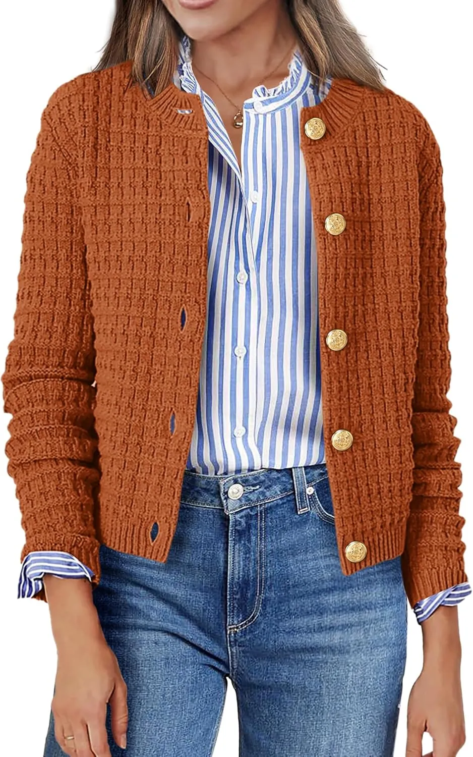 Zeagoo Women's 2025 Cardigan Sweaters Button Down Crew Neck Open Front Long Sleeve Knit Cropped Jackets