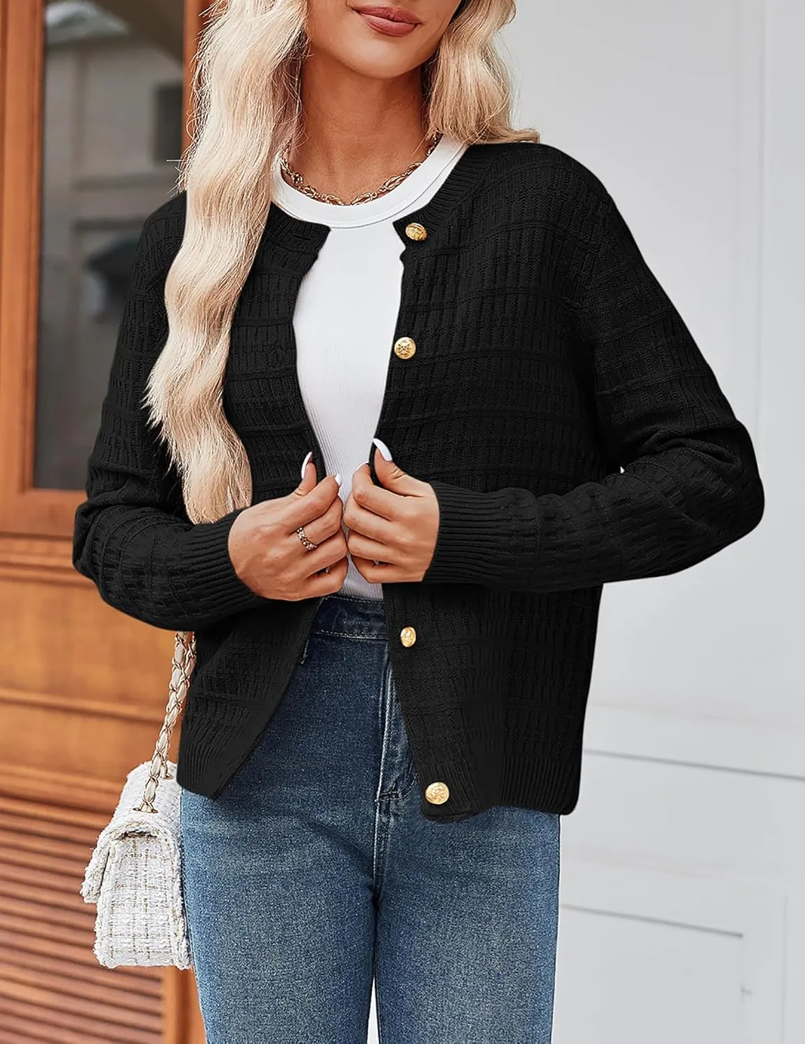 Zeagoo Women's 2025 Cardigan Sweaters Button Down Crew Neck Open Front Long Sleeve Knit Cropped Jackets