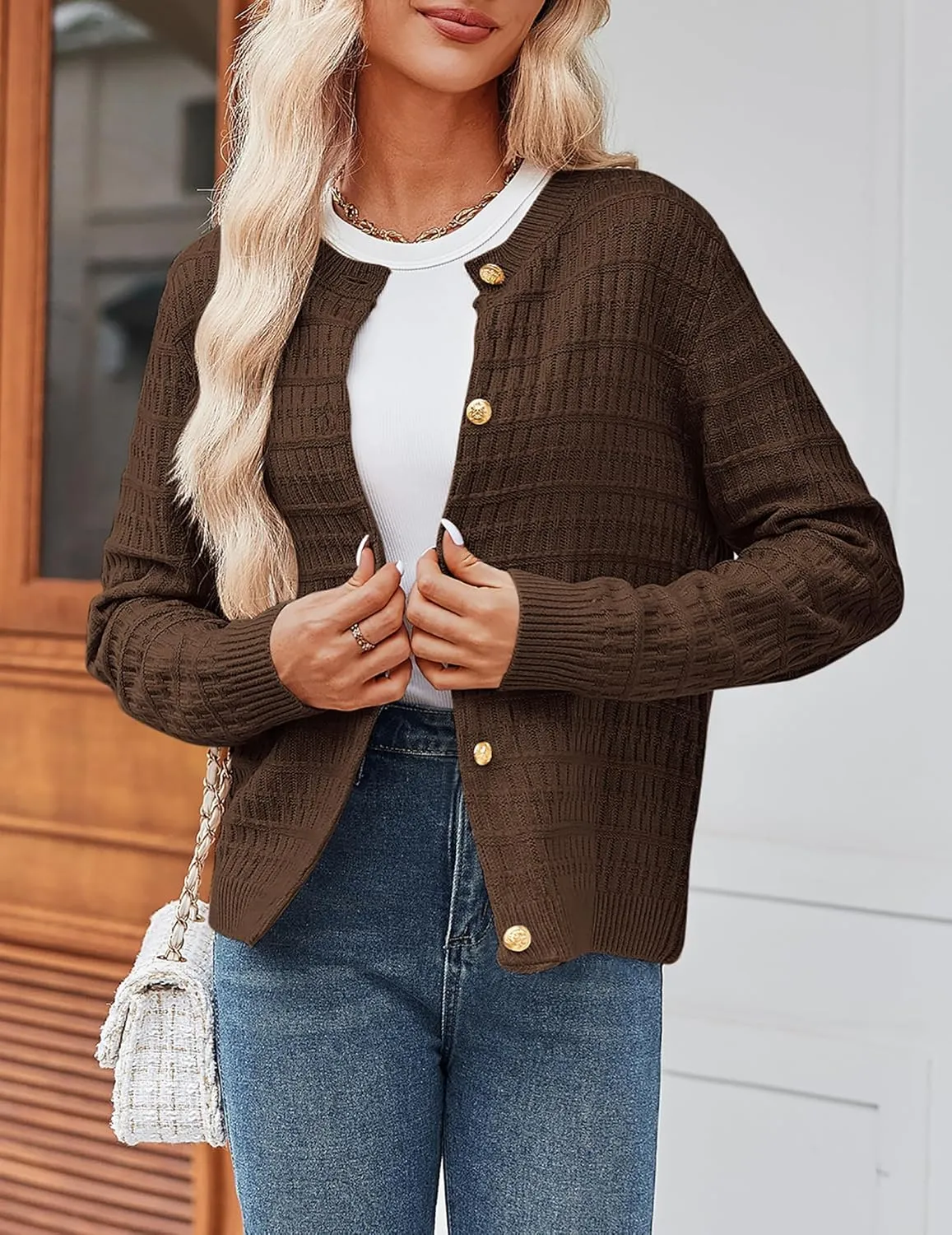 Zeagoo Women's 2025 Cardigan Sweaters Button Down Crew Neck Open Front Long Sleeve Knit Cropped Jackets