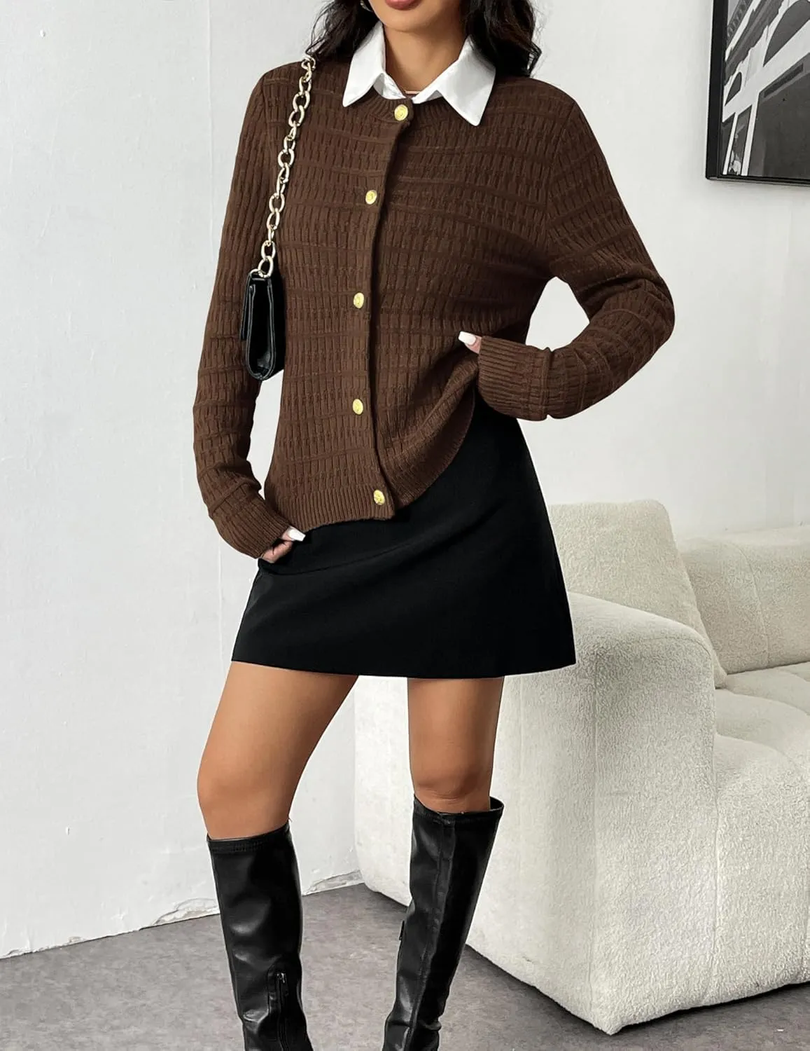 Zeagoo Women's 2025 Cardigan Sweaters Button Down Crew Neck Open Front Long Sleeve Knit Cropped Jackets