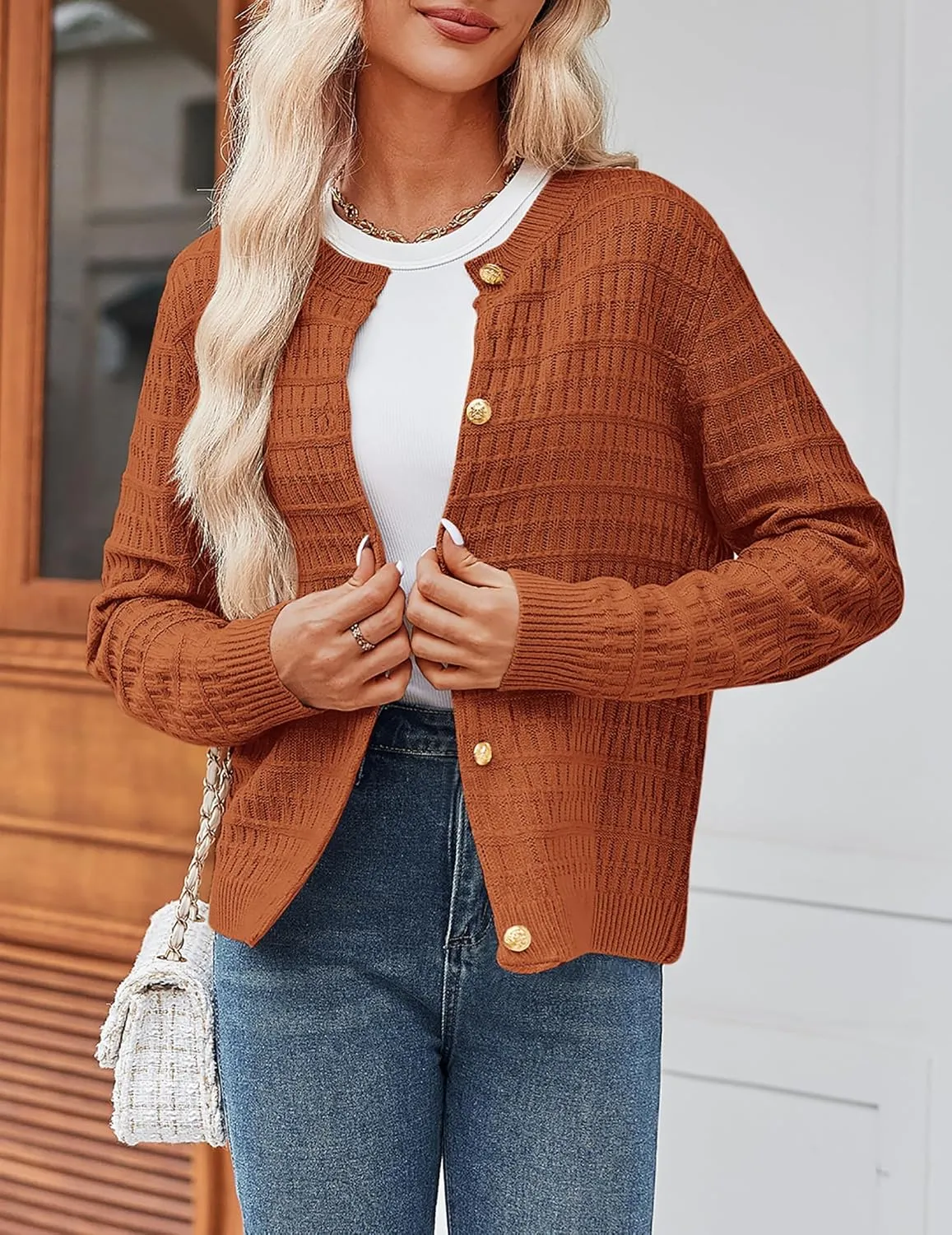 Zeagoo Women's 2025 Cardigan Sweaters Button Down Crew Neck Open Front Long Sleeve Knit Cropped Jackets