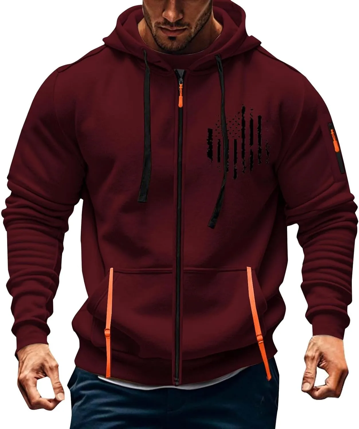ZEFOTIM Zip Up Hoodies for Men American Flag Sweatshirt Plain Vintage Travel Long Sleeve Drawstring Sweatshirt with Pocket