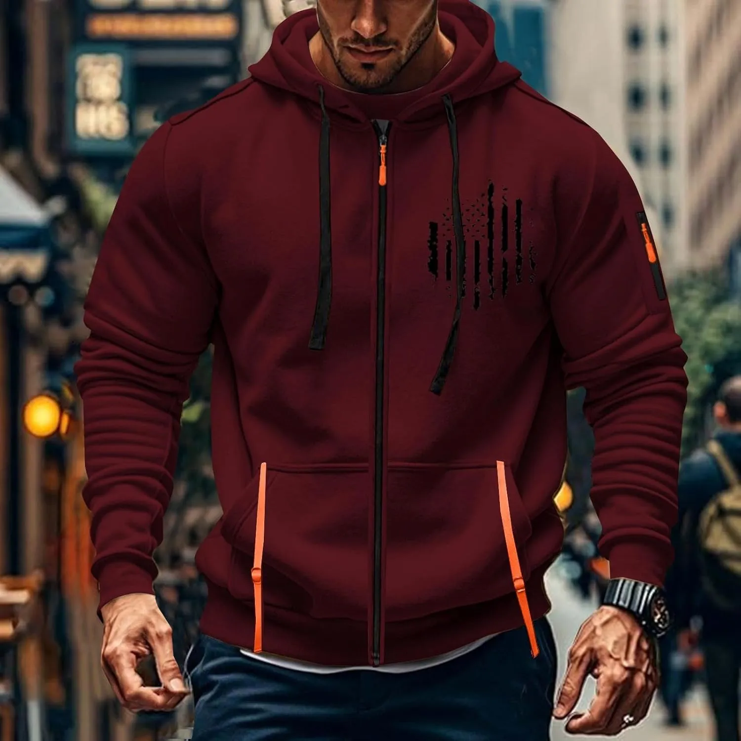 ZEFOTIM Zip Up Hoodies for Men American Flag Sweatshirt Plain Vintage Travel Long Sleeve Drawstring Sweatshirt with Pocket