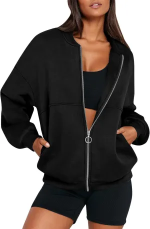 Zip Up Jackets for Women Fleece Oversized Sweatshirt Baggy Drop Shoulder Trendy Y2k Teen Girls Fall Clothes w/Pockets