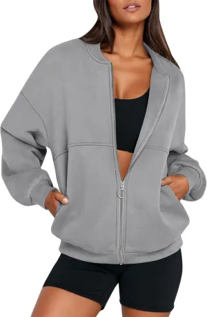Zip Up Jackets for Women Fleece Oversized Sweatshirt Baggy Drop Shoulder Trendy Y2k Teen Girls Fall Clothes w/Pockets