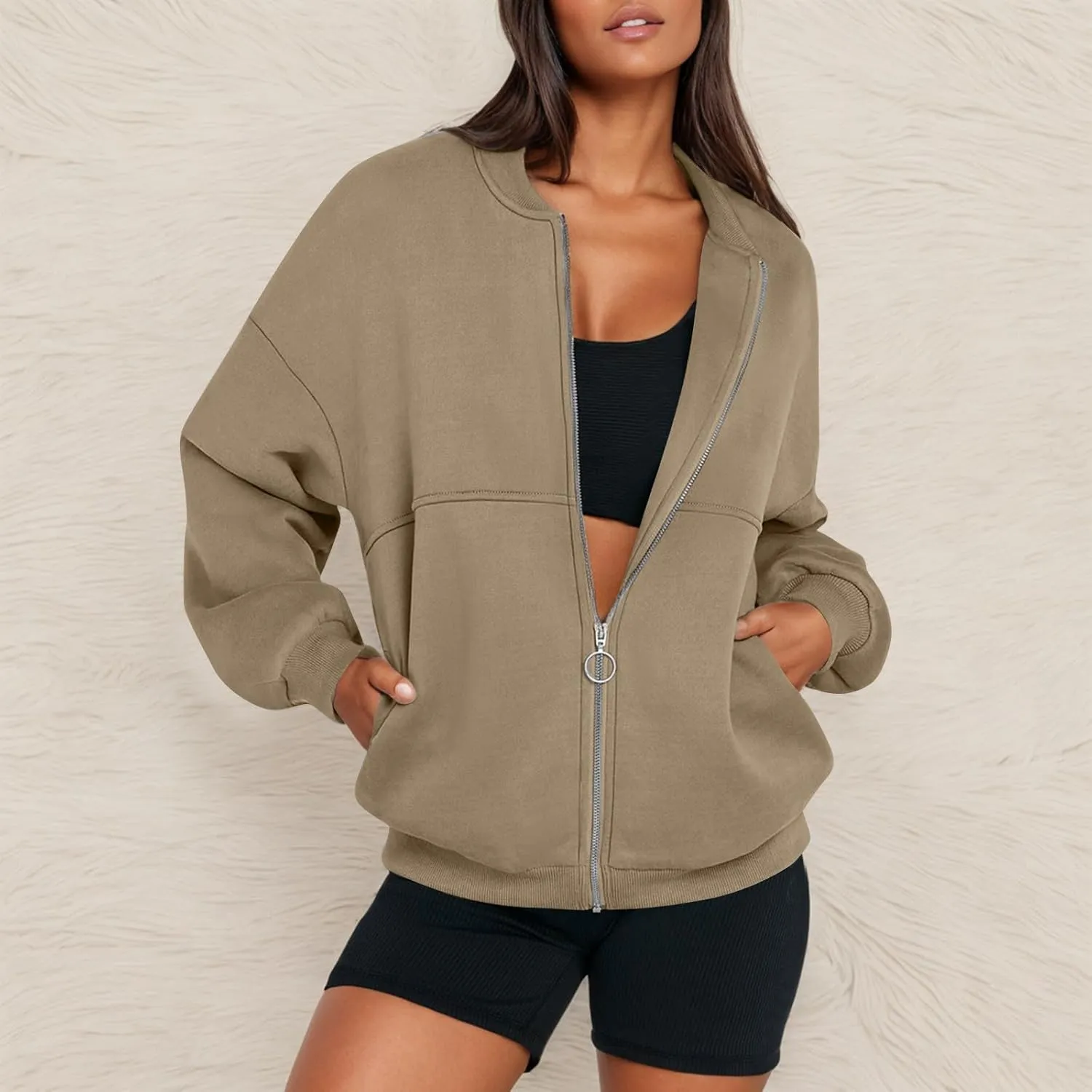 Zip Up Jackets for Women Fleece Oversized Sweatshirt Baggy Drop Shoulder Trendy Y2k Teen Girls Fall Clothes w/Pockets