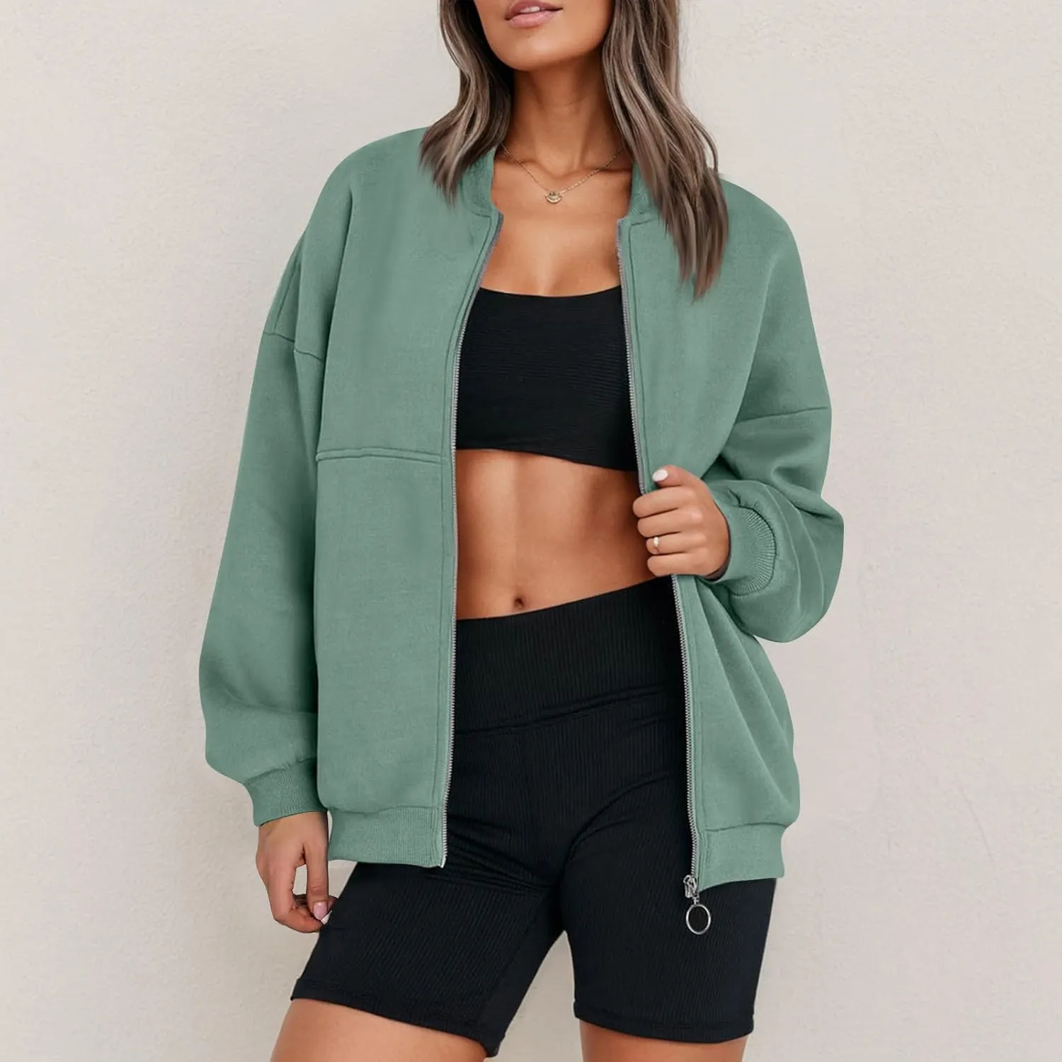 Zip Up Jackets for Women Fleece Oversized Sweatshirt Baggy Drop Shoulder Trendy Y2k Teen Girls Fall Clothes w/Pockets