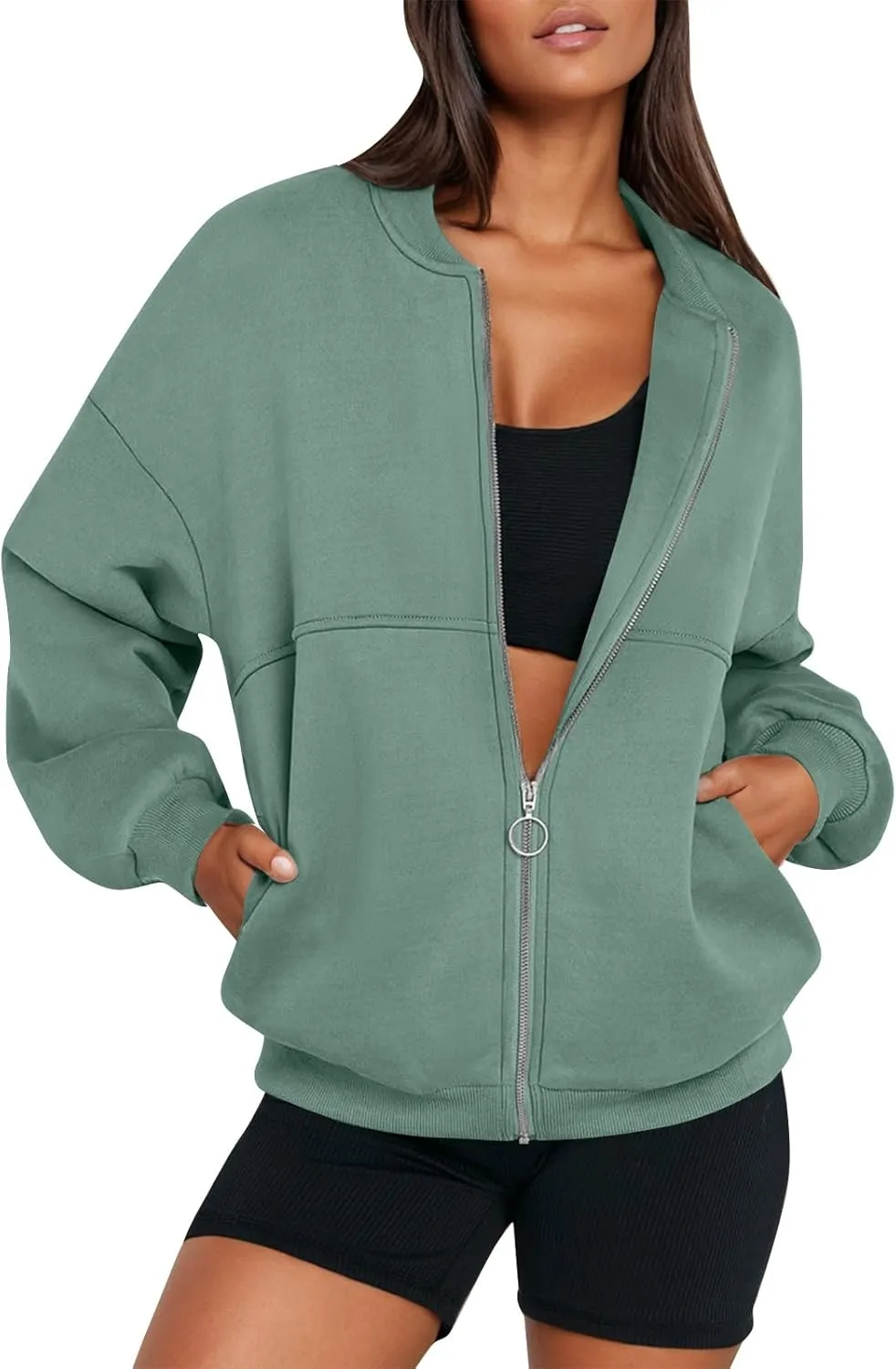 Zip Up Jackets for Women Fleece Oversized Sweatshirt Baggy Drop Shoulder Trendy Y2k Teen Girls Fall Clothes w/Pockets