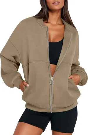 Zip Up Jackets for Women Fleece Oversized Sweatshirt Baggy Drop Shoulder Trendy Y2k Teen Girls Fall Clothes w/Pockets