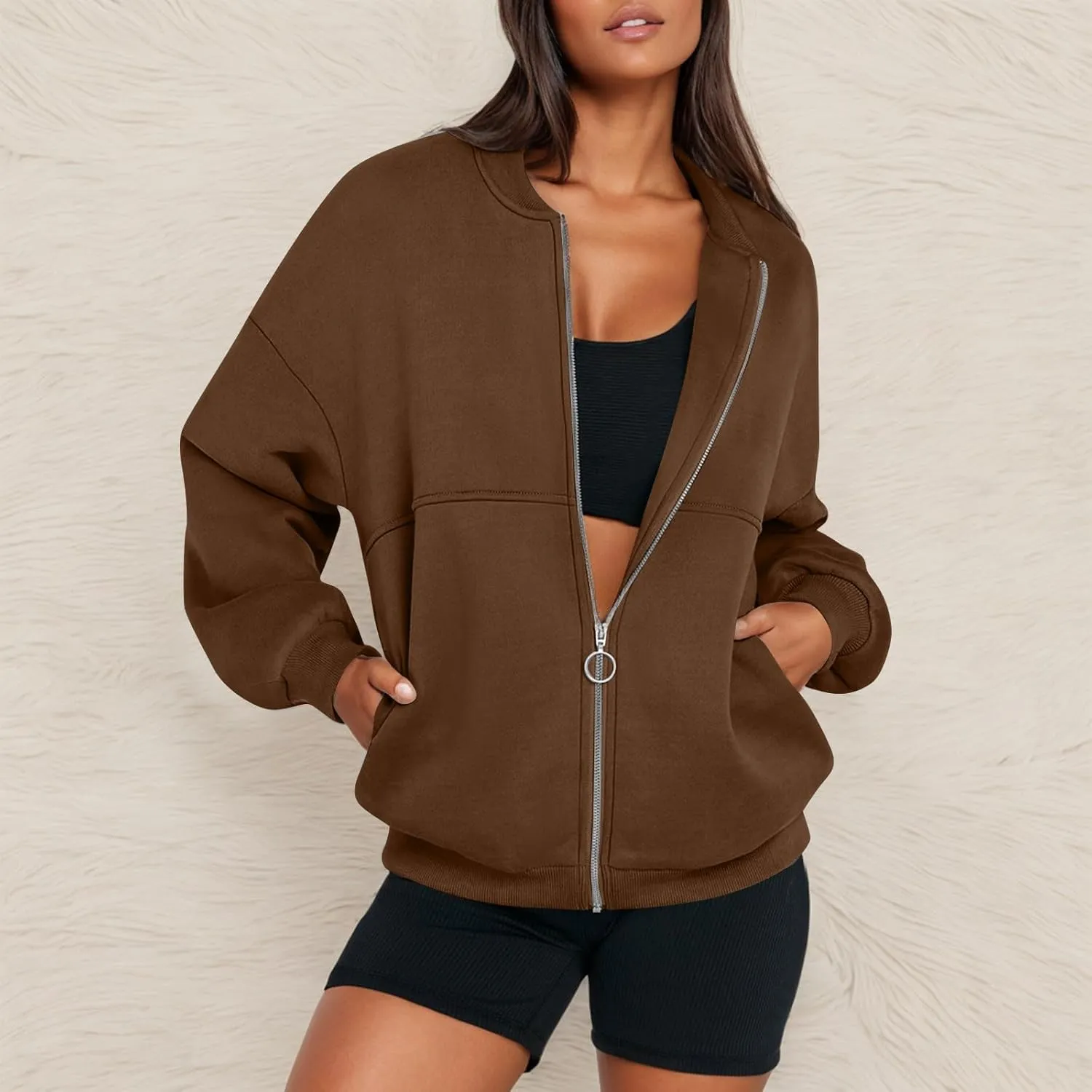 Zip Up Jackets for Women Fleece Oversized Sweatshirt Baggy Drop Shoulder Trendy Y2k Teen Girls Fall Clothes w/Pockets