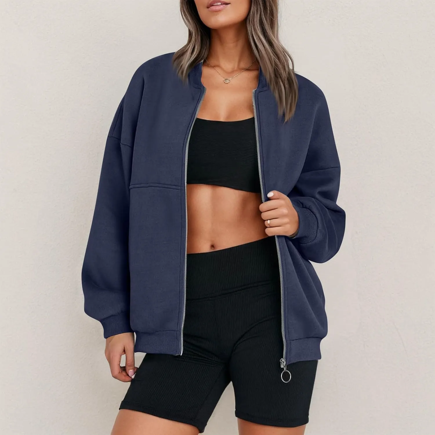 Zip Up Jackets for Women Fleece Oversized Sweatshirt Baggy Drop Shoulder Trendy Y2k Teen Girls Fall Clothes w/Pockets