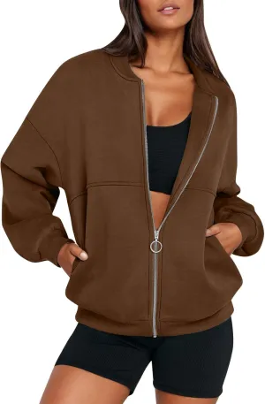Zip Up Jackets for Women Fleece Oversized Sweatshirt Baggy Drop Shoulder Trendy Y2k Teen Girls Fall Clothes w/Pockets