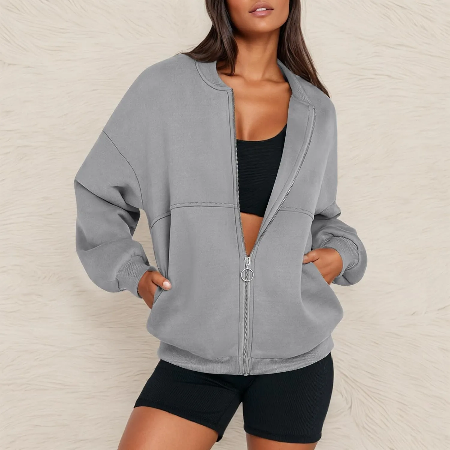 Zip Up Jackets for Women Fleece Oversized Sweatshirt Baggy Drop Shoulder Trendy Y2k Teen Girls Fall Clothes w/Pockets