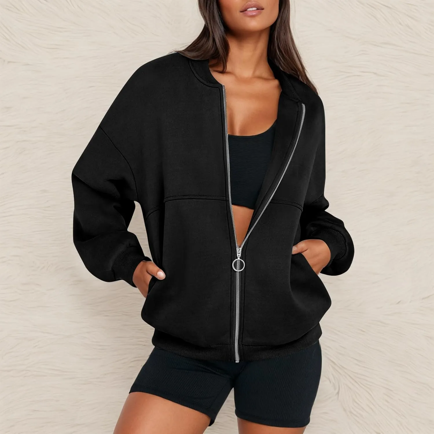 Zip Up Jackets for Women Fleece Oversized Sweatshirt Baggy Drop Shoulder Trendy Y2k Teen Girls Fall Clothes w/Pockets