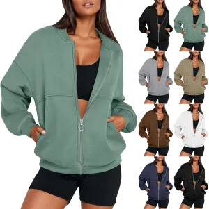 Zip Up Jackets for Women Fleece Oversized Sweatshirt Baggy Drop Shoulder Trendy Y2k Teen Girls Fall Clothes w/Pockets