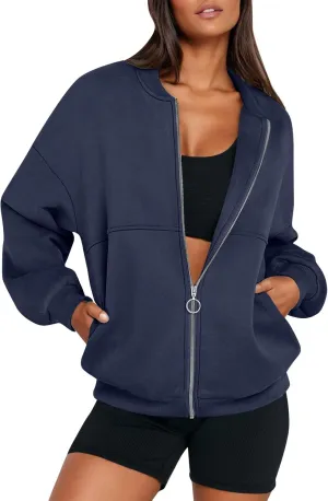 Zip Up Jackets for Women Fleece Oversized Sweatshirt Baggy Drop Shoulder Trendy Y2k Teen Girls Fall Clothes w/Pockets